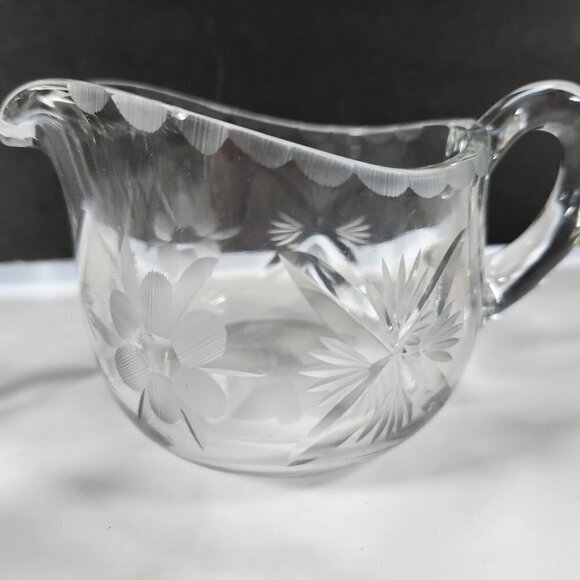 Cream and Sugar Set Vintage Lead Crystal Etched Flowers Heavy Glass - Picture 9 of 16